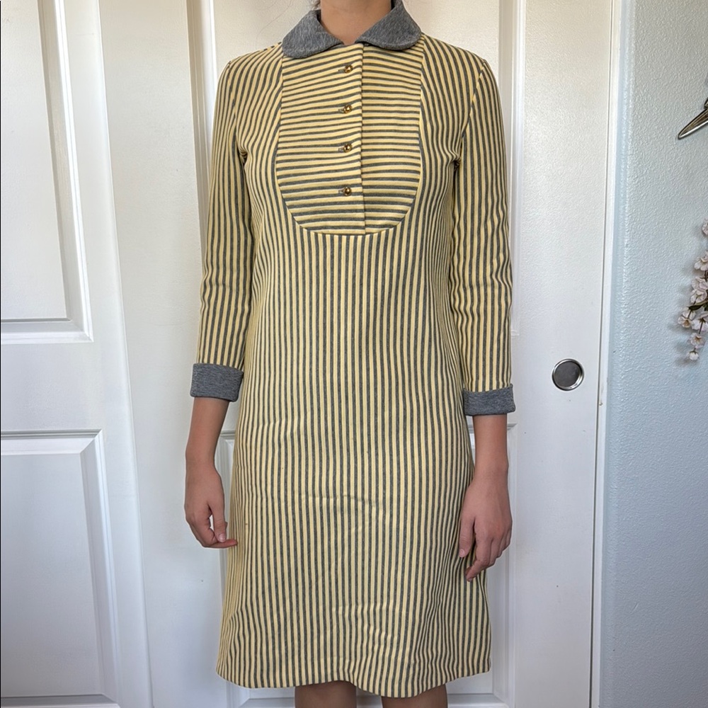 VINTAGE 60s DAVID CRYSTAL striped yellow and gray dress includes belt M L - Picture 10 of 12